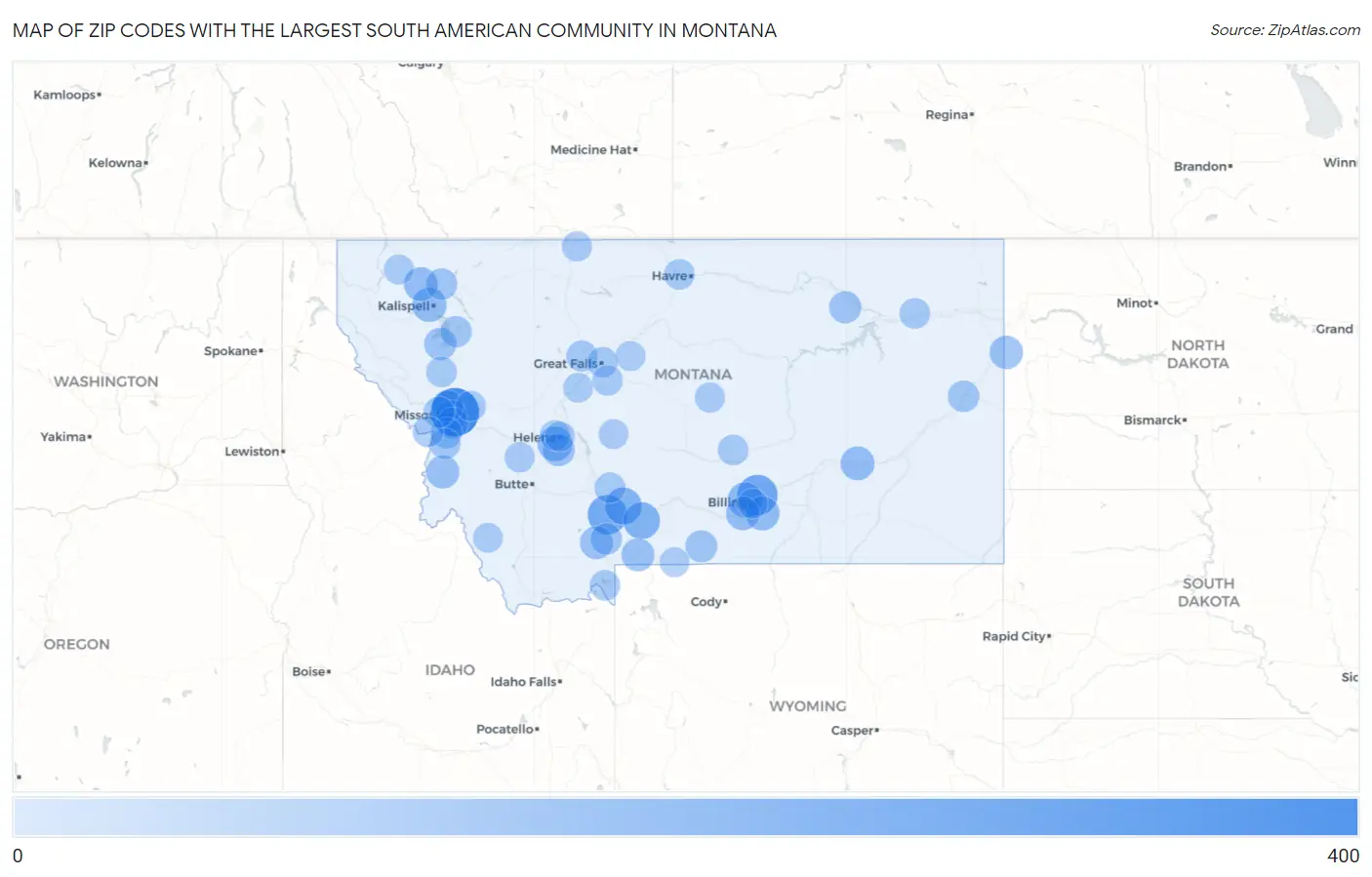 Zip Codes with the Largest South American Community in Montana Map
