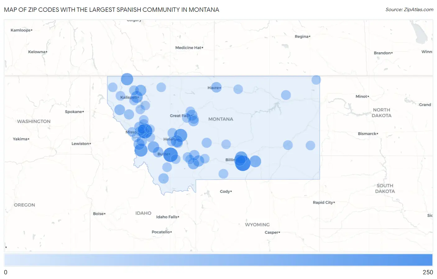 Zip Codes with the Largest Spanish Community in Montana Map