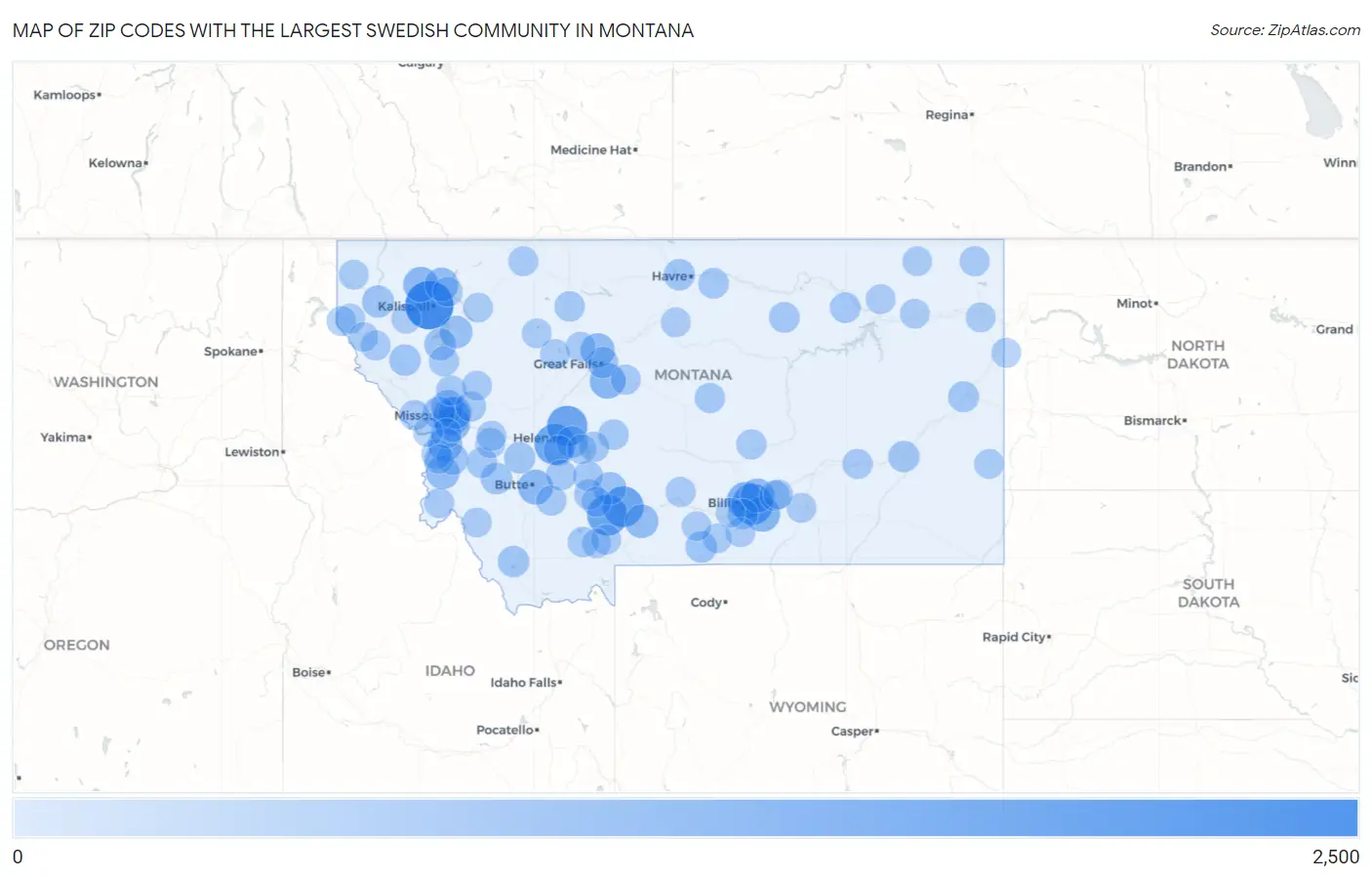 Zip Codes with the Largest Swedish Community in Montana Map