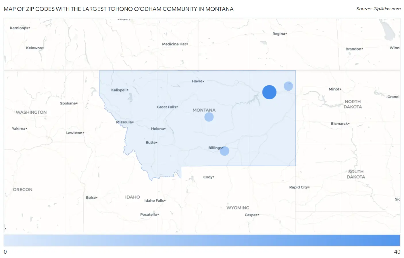 Zip Codes with the Largest Tohono O'Odham Community in Montana Map