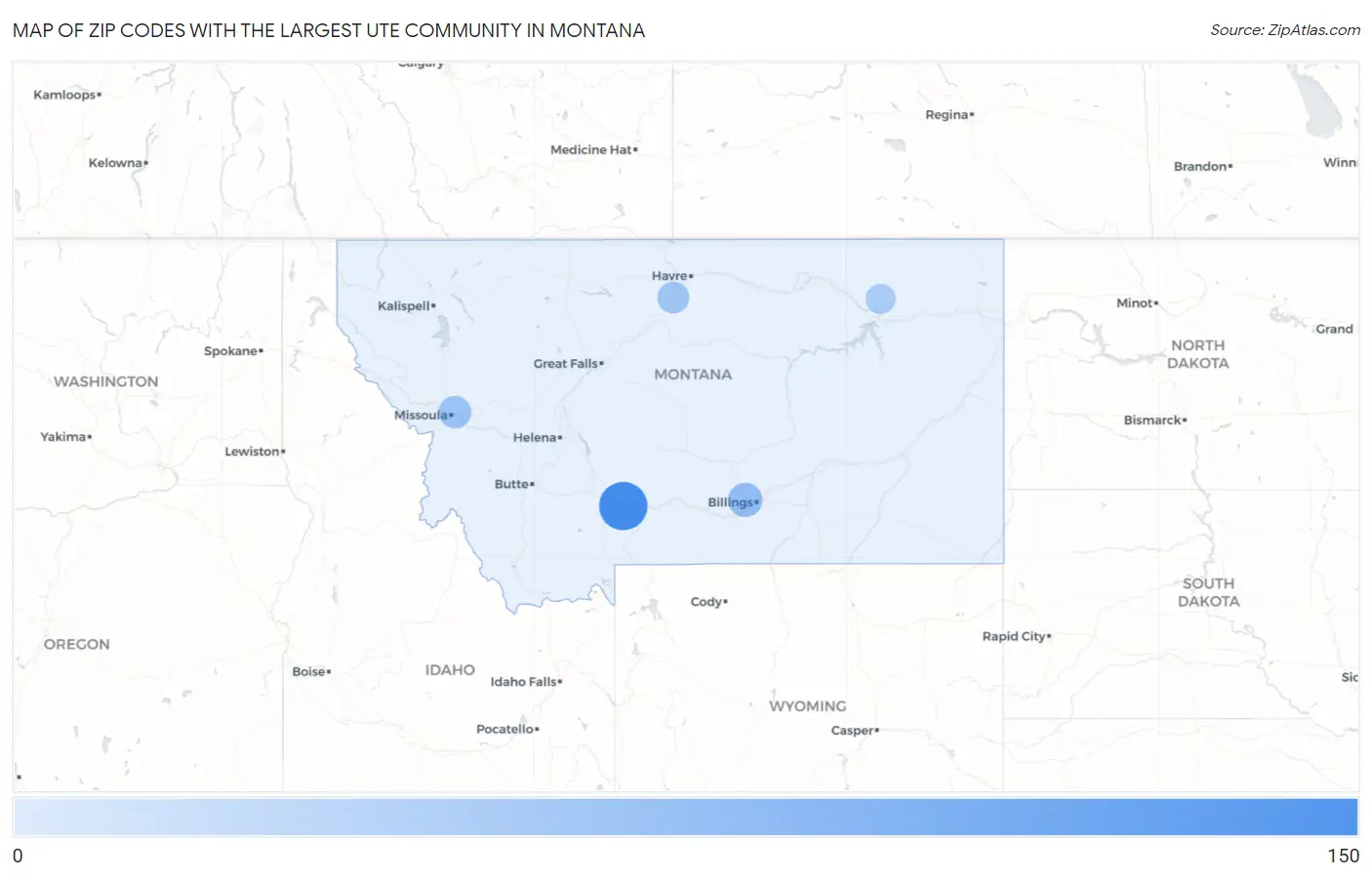 Zip Codes with the Largest Ute Community in Montana Map