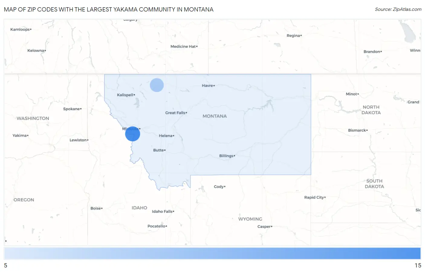 Zip Codes with the Largest Yakama Community in Montana Map