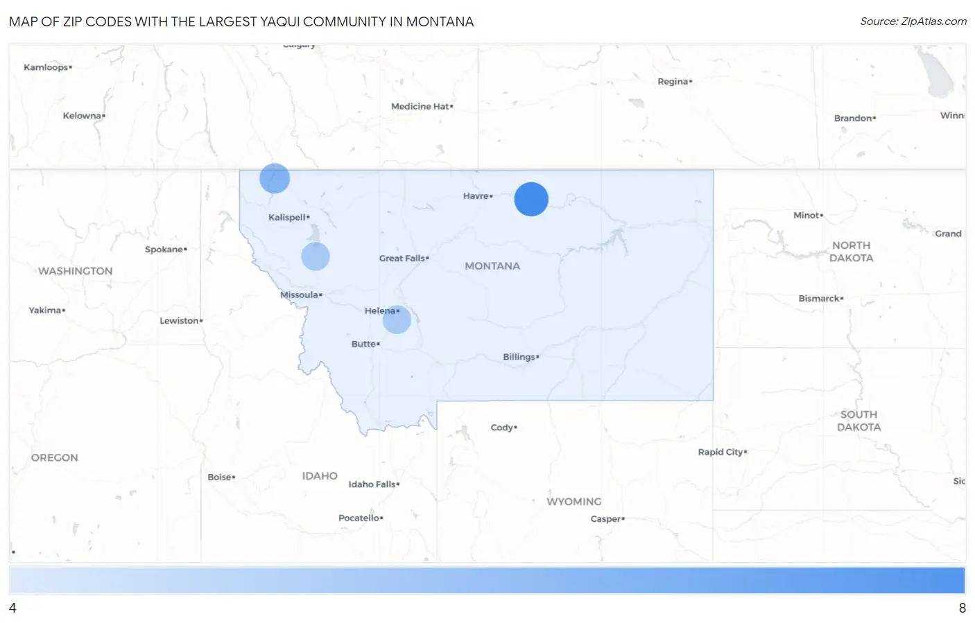 Zip Codes with the Largest Yaqui Community in Montana Map