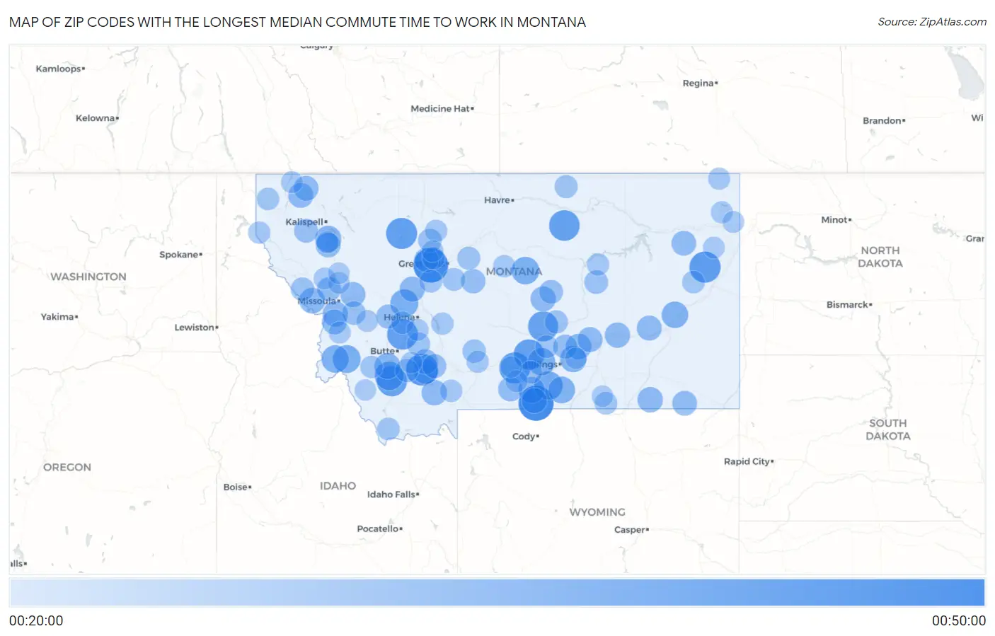 Zip Codes with the Longest Median Commute Time to Work in Montana Map