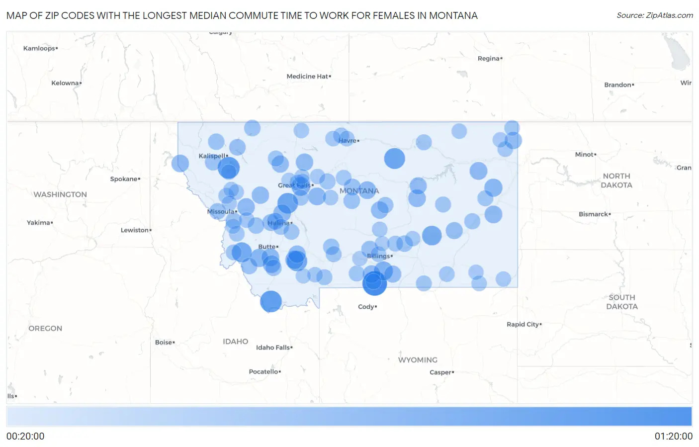 Zip Codes with the Longest Median Commute Time to Work for Females in Montana Map