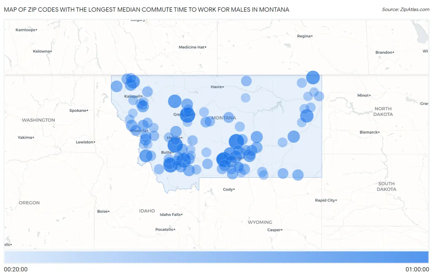 Zip Codes with the Longest Median Commute Time to Work for Males in Montana Map