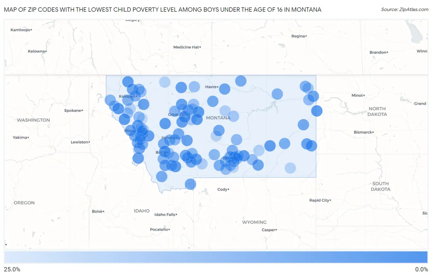 Zip Codes with the Lowest Child Poverty Level Among Boys Under the Age of 16 in Montana Map
