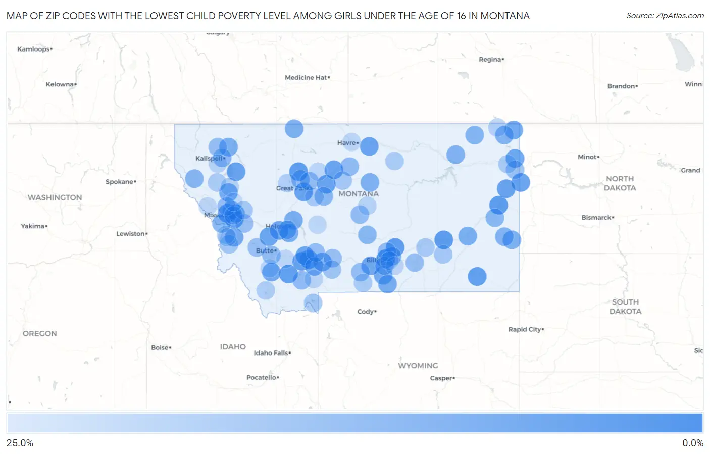 Zip Codes with the Lowest Child Poverty Level Among Girls Under the Age of 16 in Montana Map