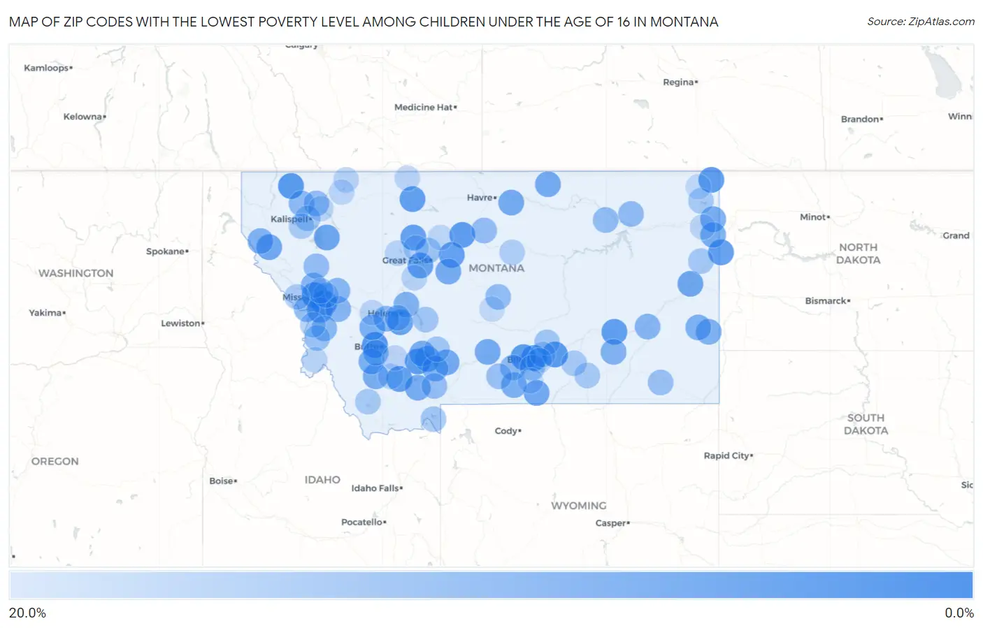 Zip Codes with the Lowest Poverty Level Among Children Under the Age of 16 in Montana Map