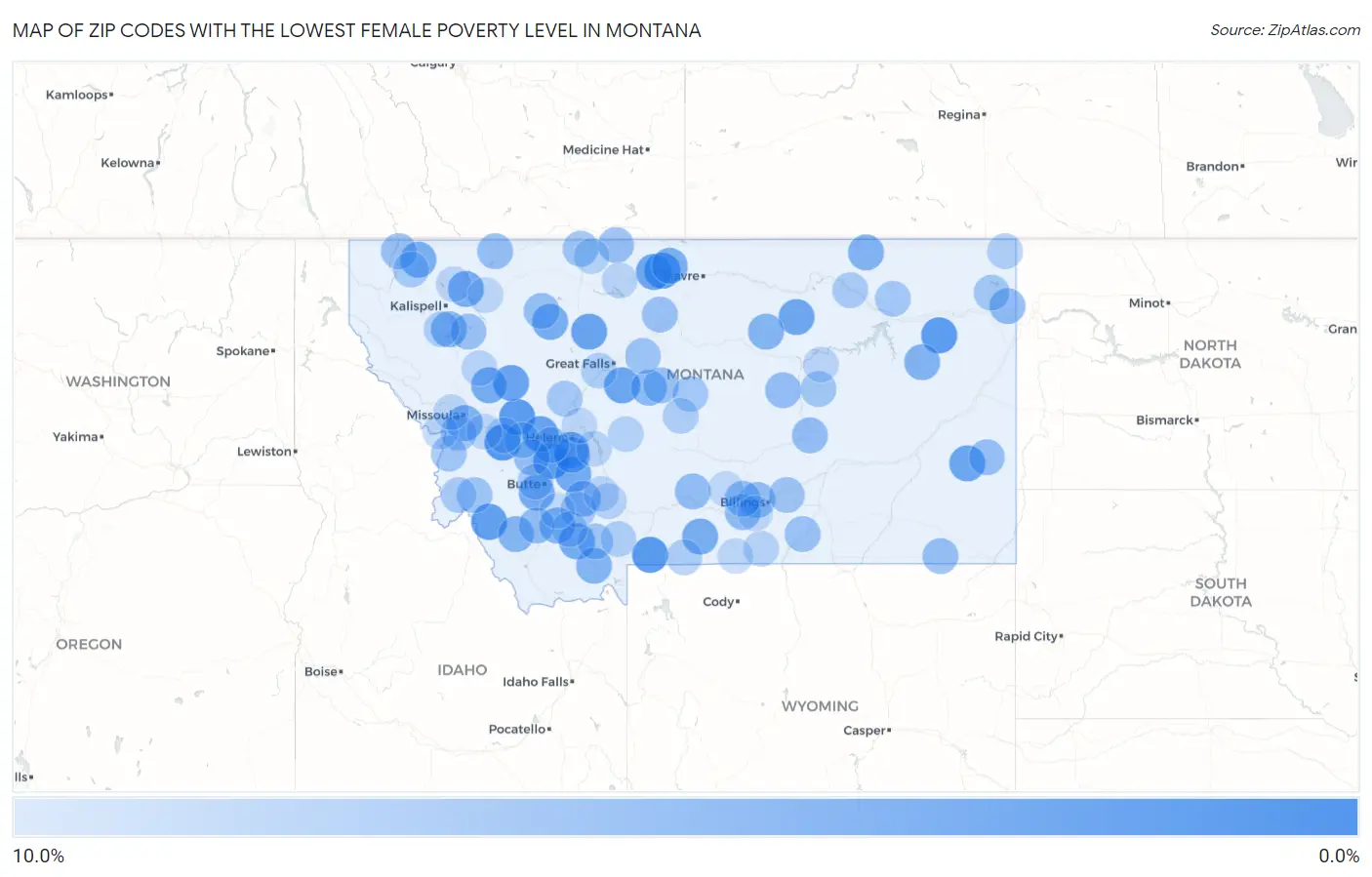 Zip Codes with the Lowest Female Poverty Level in Montana Map