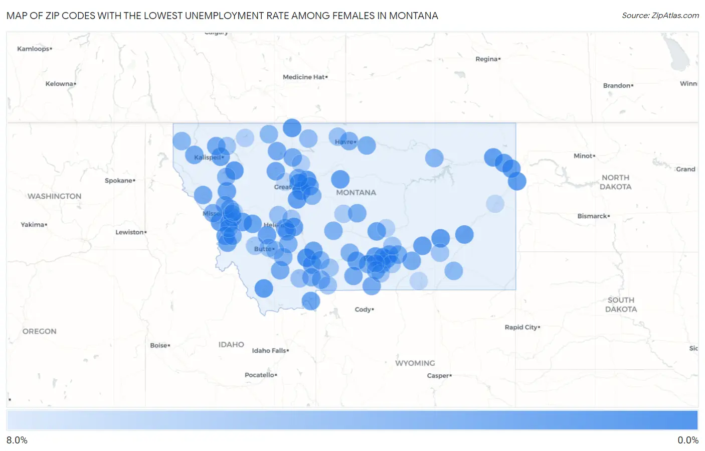 Zip Codes with the Lowest Unemployment Rate Among Females in Montana Map