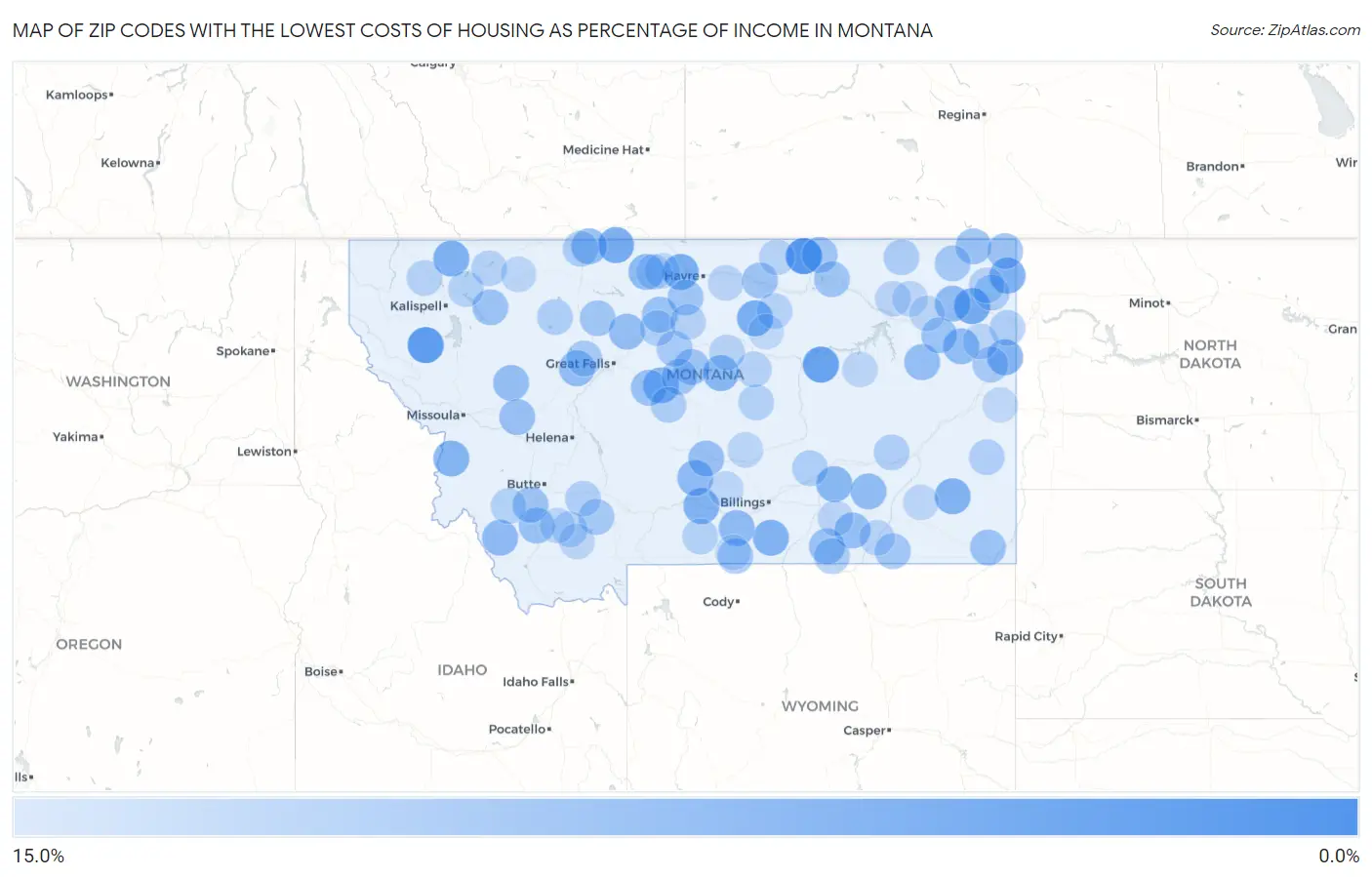 Zip Codes with the Lowest Costs of Housing as Percentage of Income in Montana Map