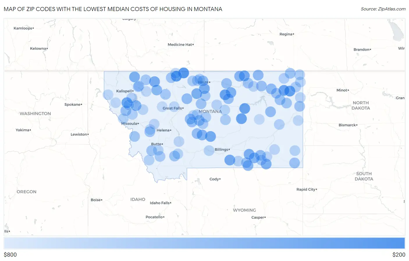 Zip Codes with the Lowest Median Costs of Housing in Montana Map