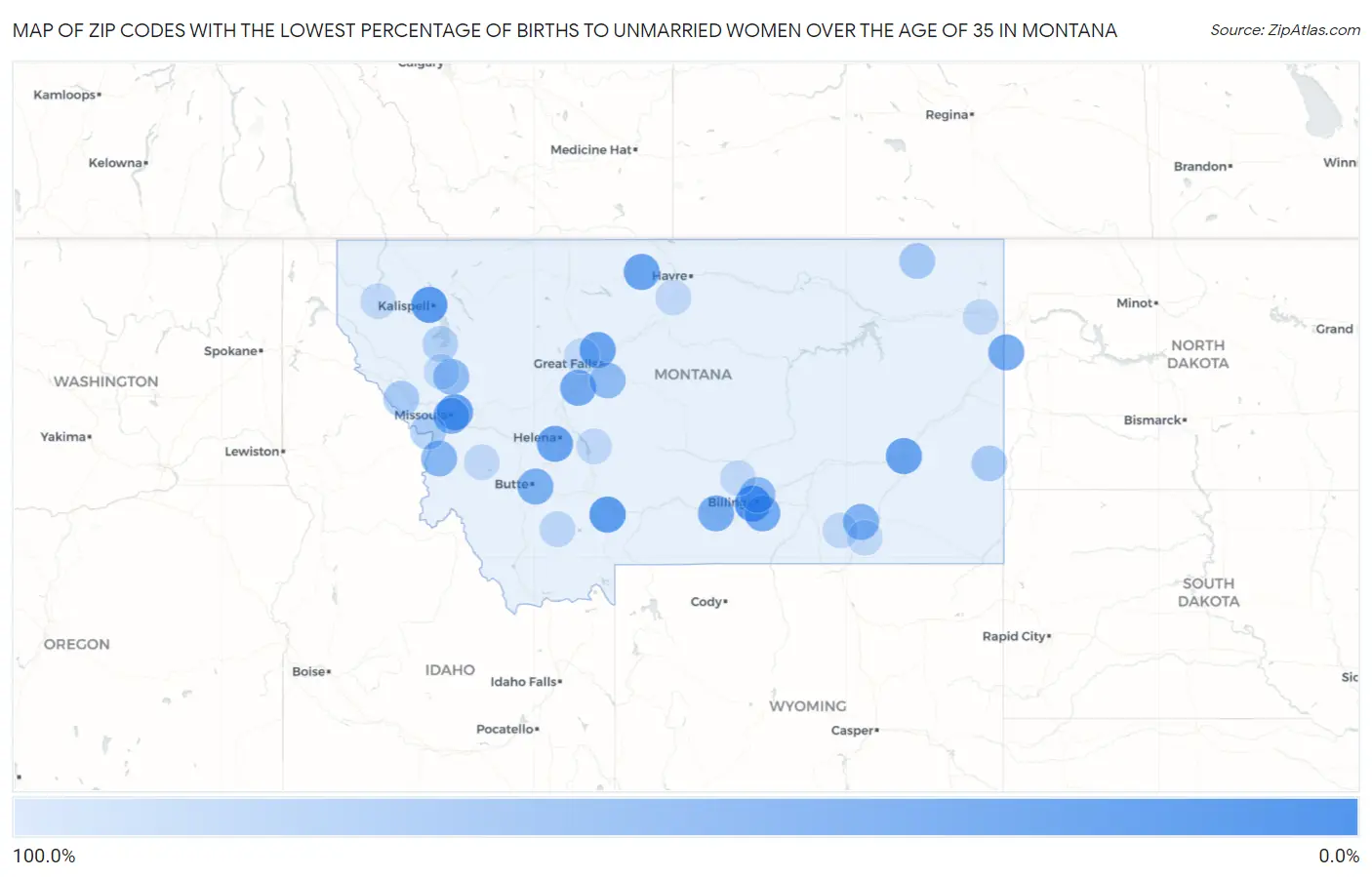 Zip Codes with the Lowest Percentage of Births to Unmarried Women over the Age of 35 in Montana Map