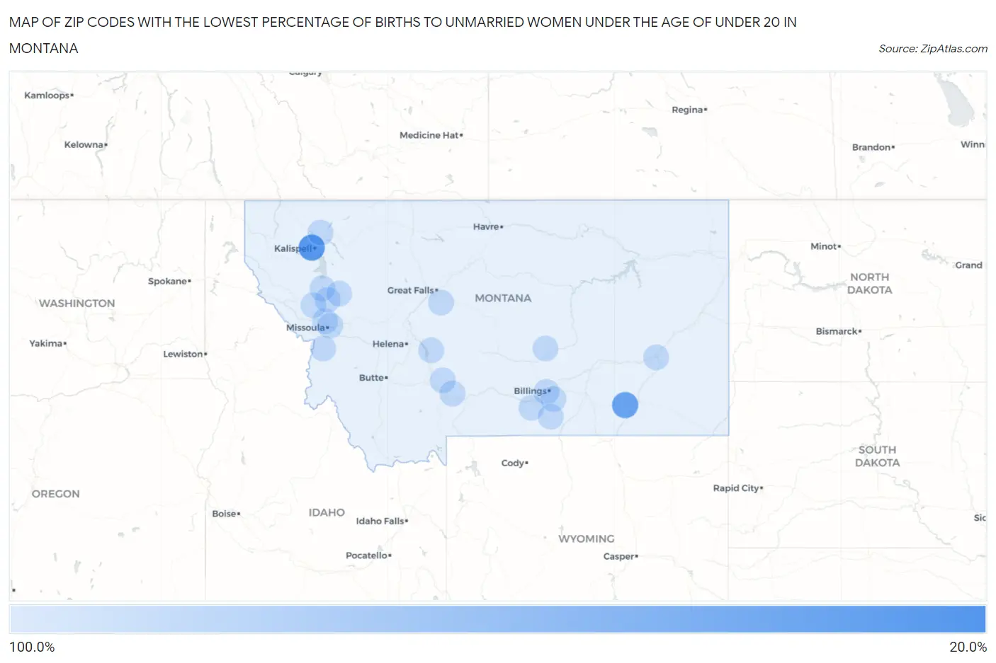 Zip Codes with the Lowest Percentage of Births to Unmarried Women under the Age of under 20 in Montana Map