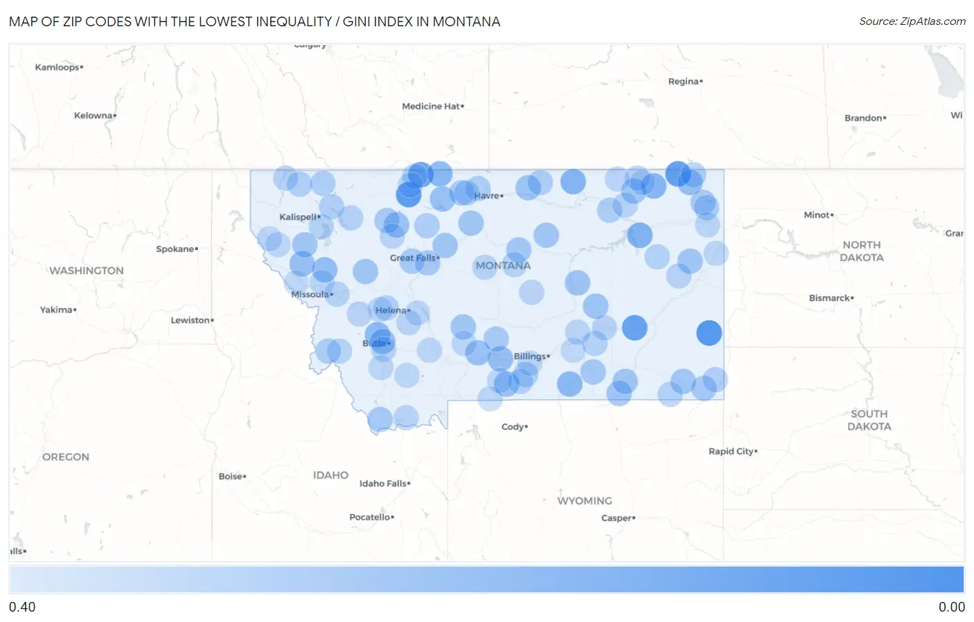 Zip Codes with the Lowest Inequality / Gini Index in Montana Map