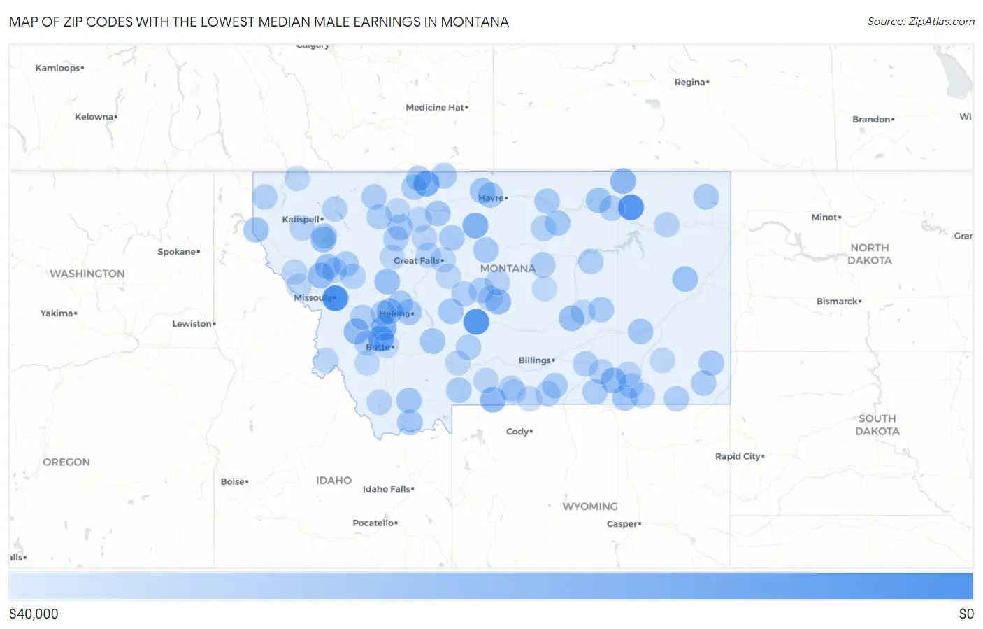 Zip Codes with the Lowest Median Male Earnings in Montana Map