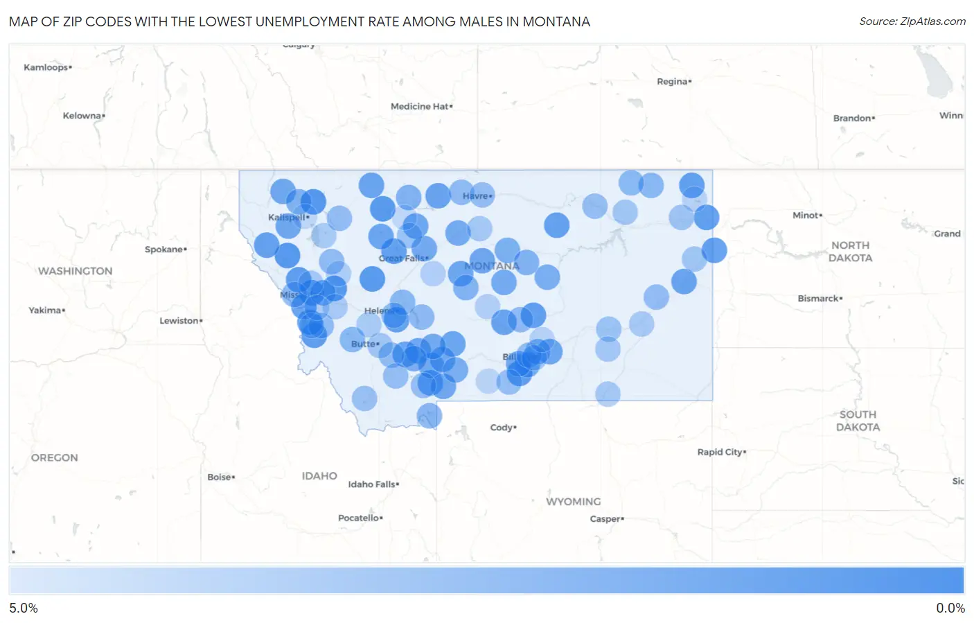 Zip Codes with the Lowest Unemployment Rate Among Males in Montana Map
