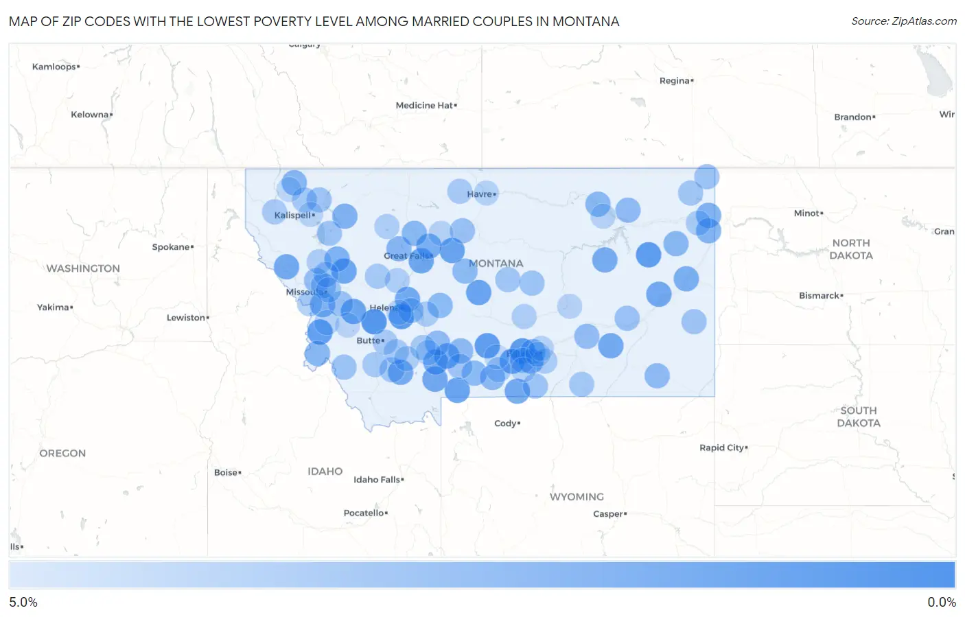 Zip Codes with the Lowest Poverty Level Among Married Couples in Montana Map