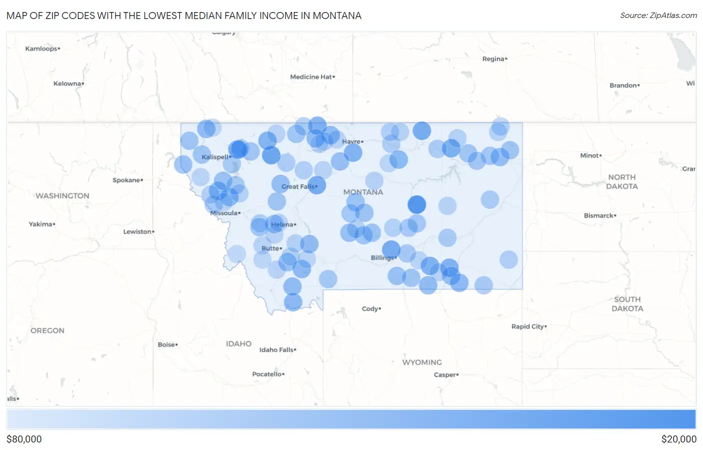 Zip Codes with the Lowest Median Family Income in Montana Map