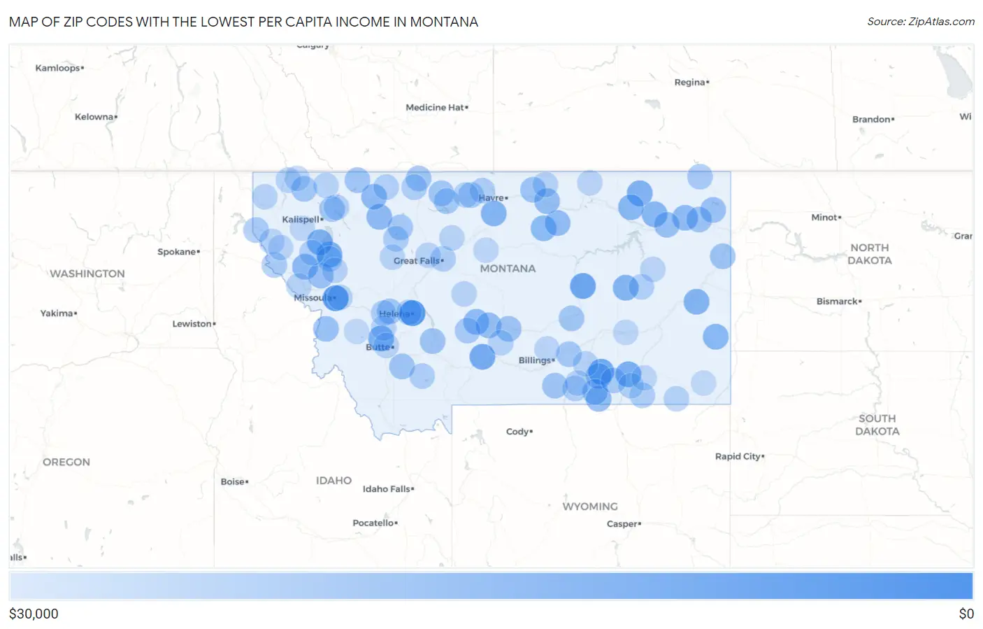 Zip Codes with the Lowest Per Capita Income in Montana Map