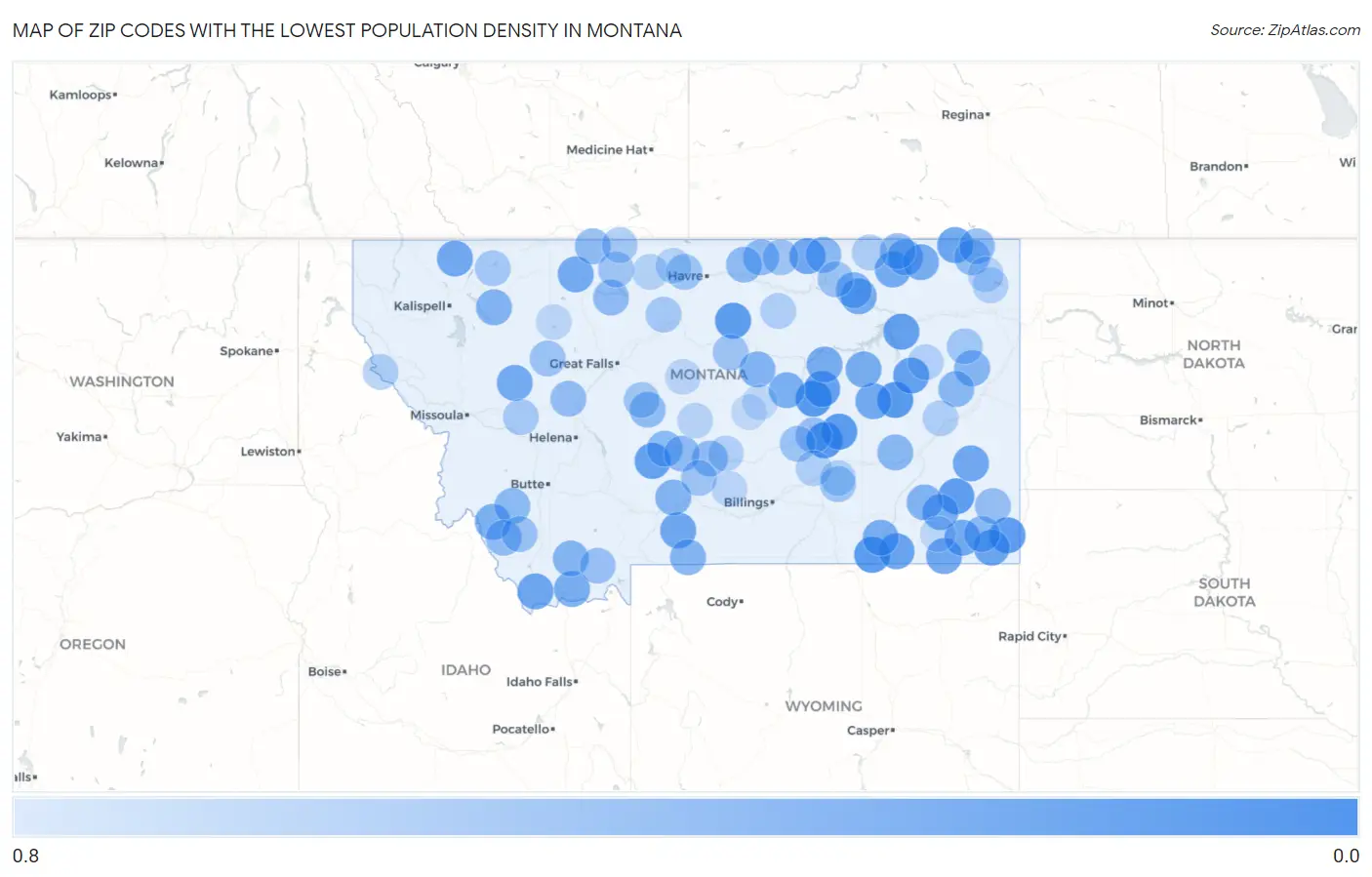 Zip Codes with the Lowest Population Density in Montana Map