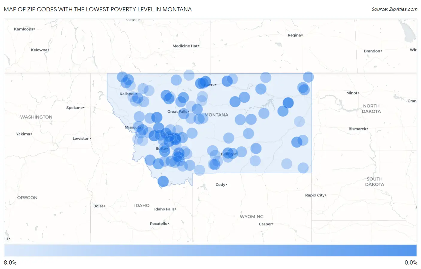 Zip Codes with the Lowest Poverty Level in Montana Map