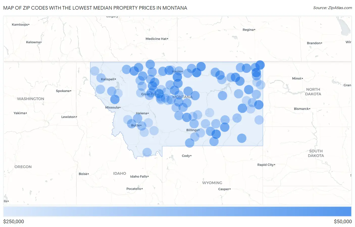 Zip Codes with the Lowest Median Property Prices in Montana Map