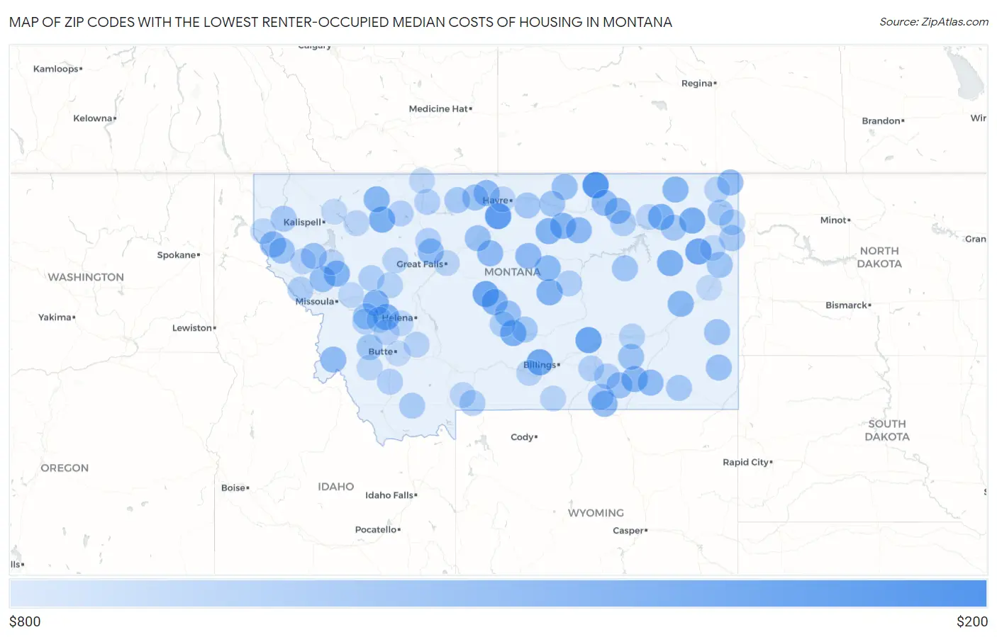Zip Codes with the Lowest Renter-Occupied Median Costs of Housing in Montana Map