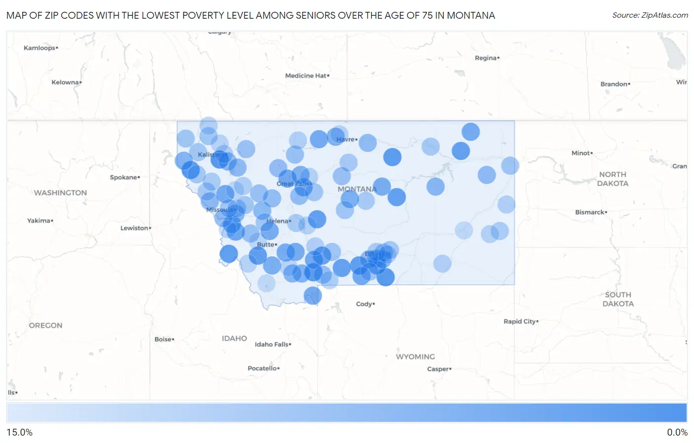 Zip Codes with the Lowest Poverty Level Among Seniors Over the Age of 75 in Montana Map