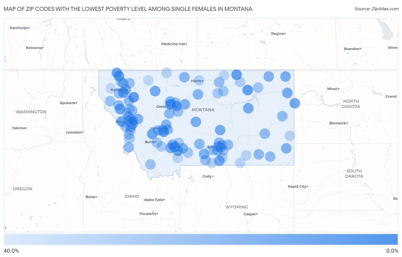 Zip Codes with the Lowest Poverty Level Among Single Females in Montana Map