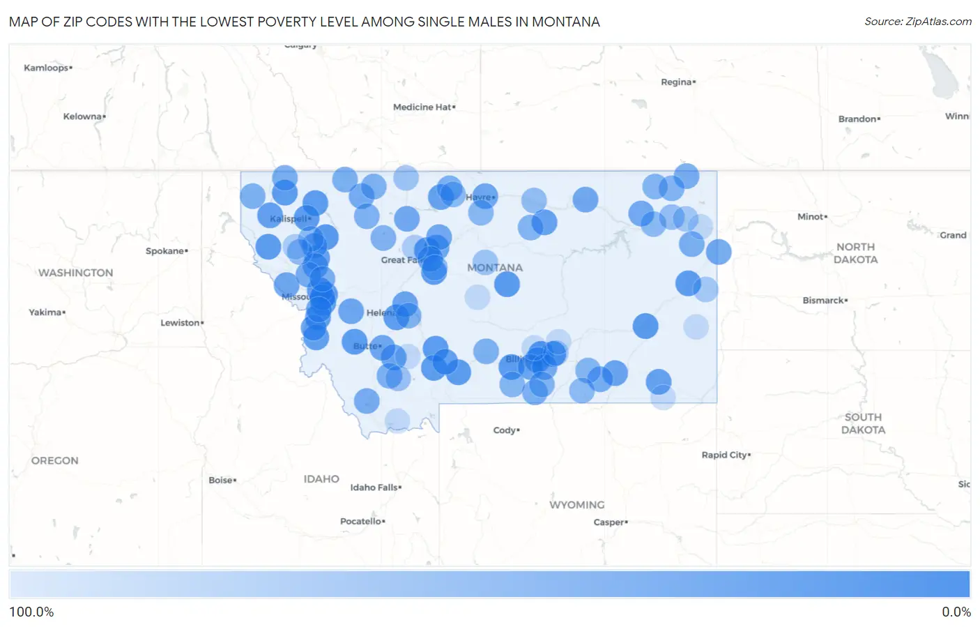 Zip Codes with the Lowest Poverty Level Among Single Males in Montana Map