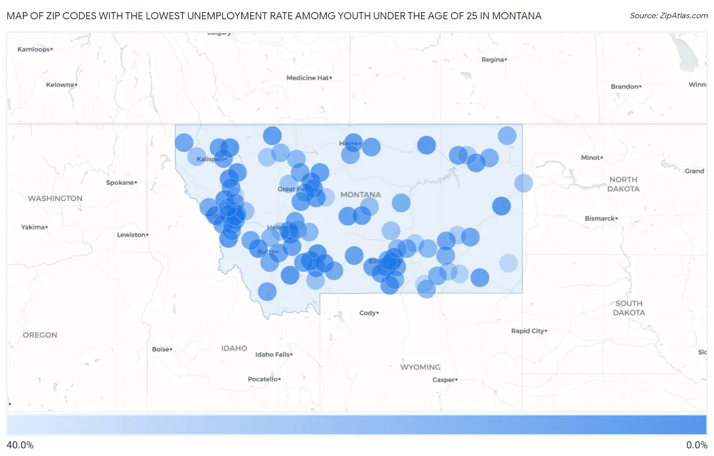 Zip Codes with the Lowest Unemployment Rate Amomg Youth Under the Age of 25 in Montana Map