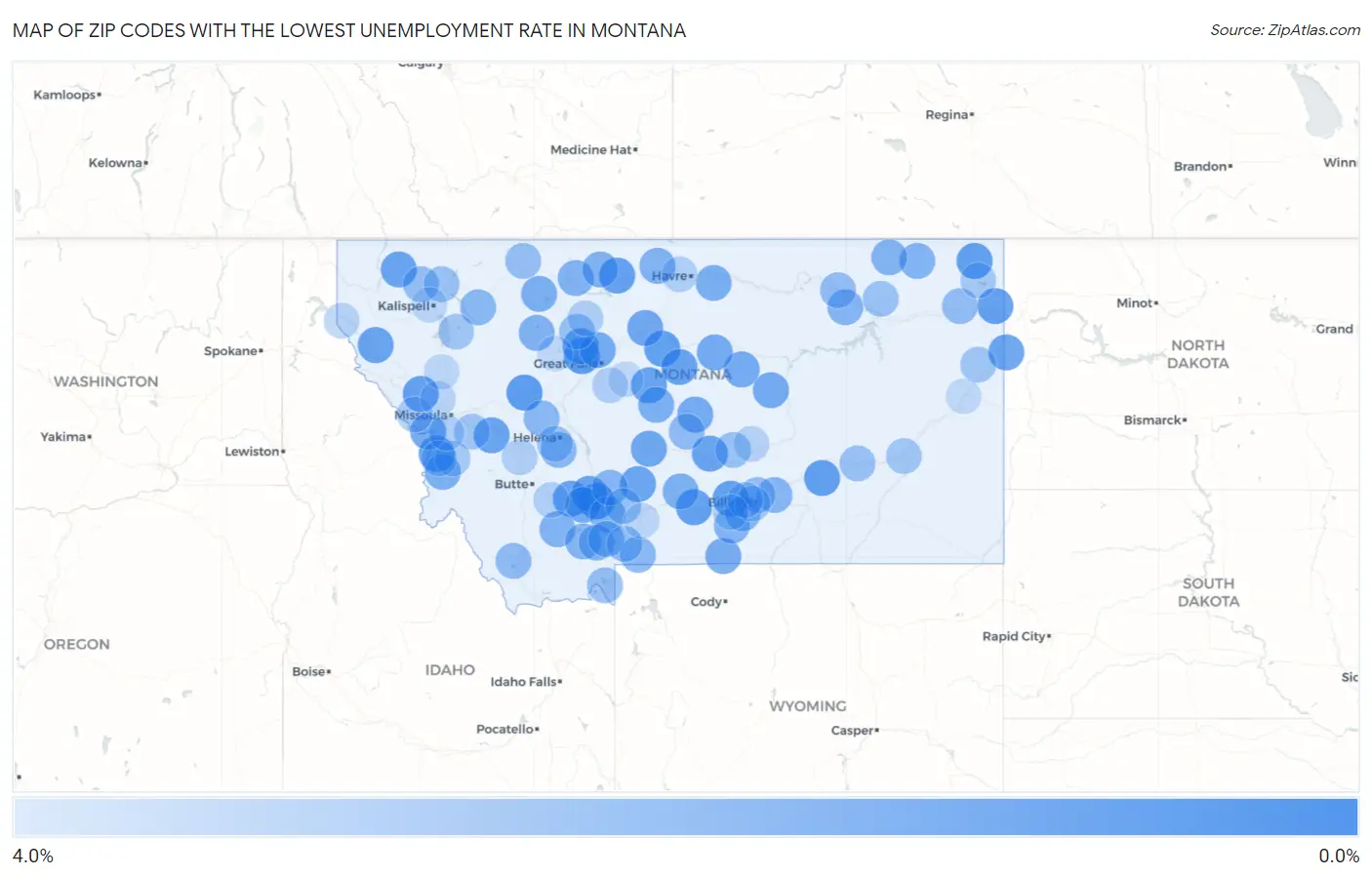 Zip Codes with the Lowest Unemployment Rate in Montana Map