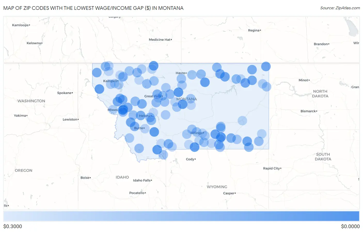Zip Codes with the Lowest Wage/Income Gap ($) in Montana Map