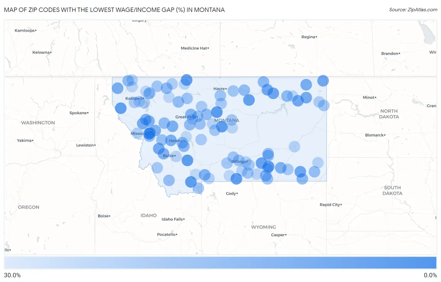 Zip Codes with the Lowest Wage/Income Gap (%) in Montana Map