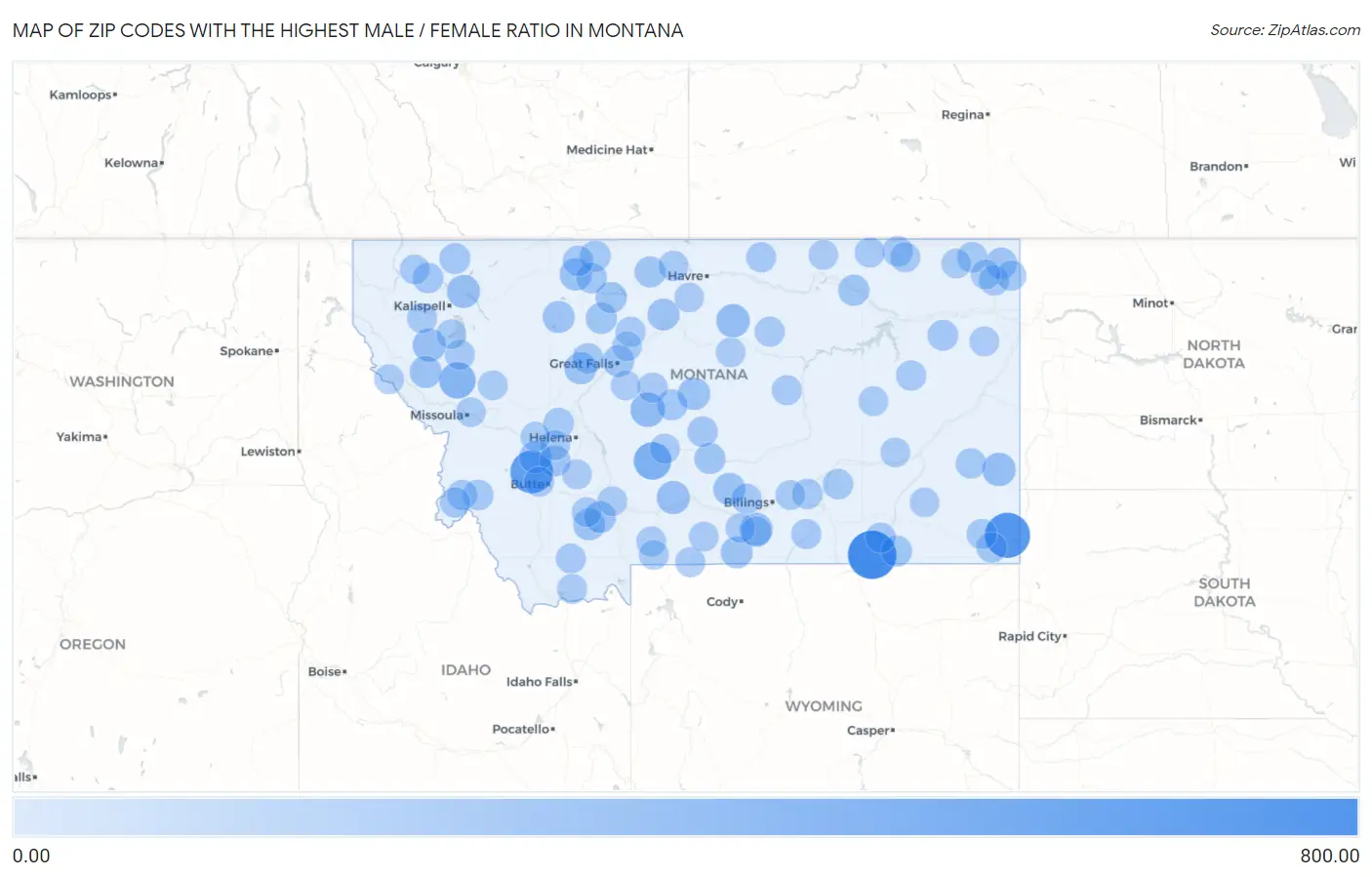 Zip Codes with the Highest Male / Female Ratio in Montana Map