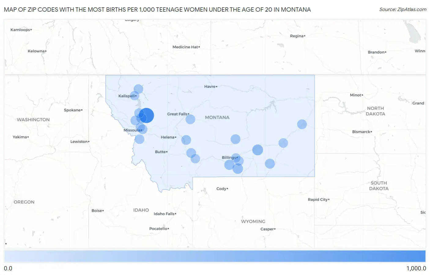 Zip Codes with the Most Births per 1,000 Teenage Women Under the Age of 20 in Montana Map