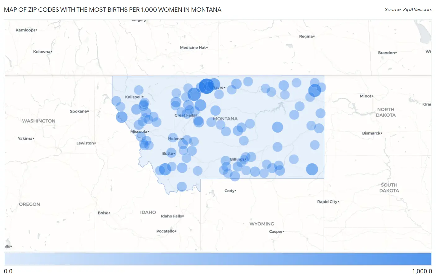 Zip Codes with the Most Births per 1,000 Women in Montana Map
