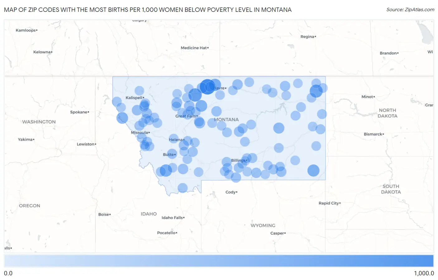Zip Codes with the Most Births per 1,000 Women Below Poverty Level in Montana Map