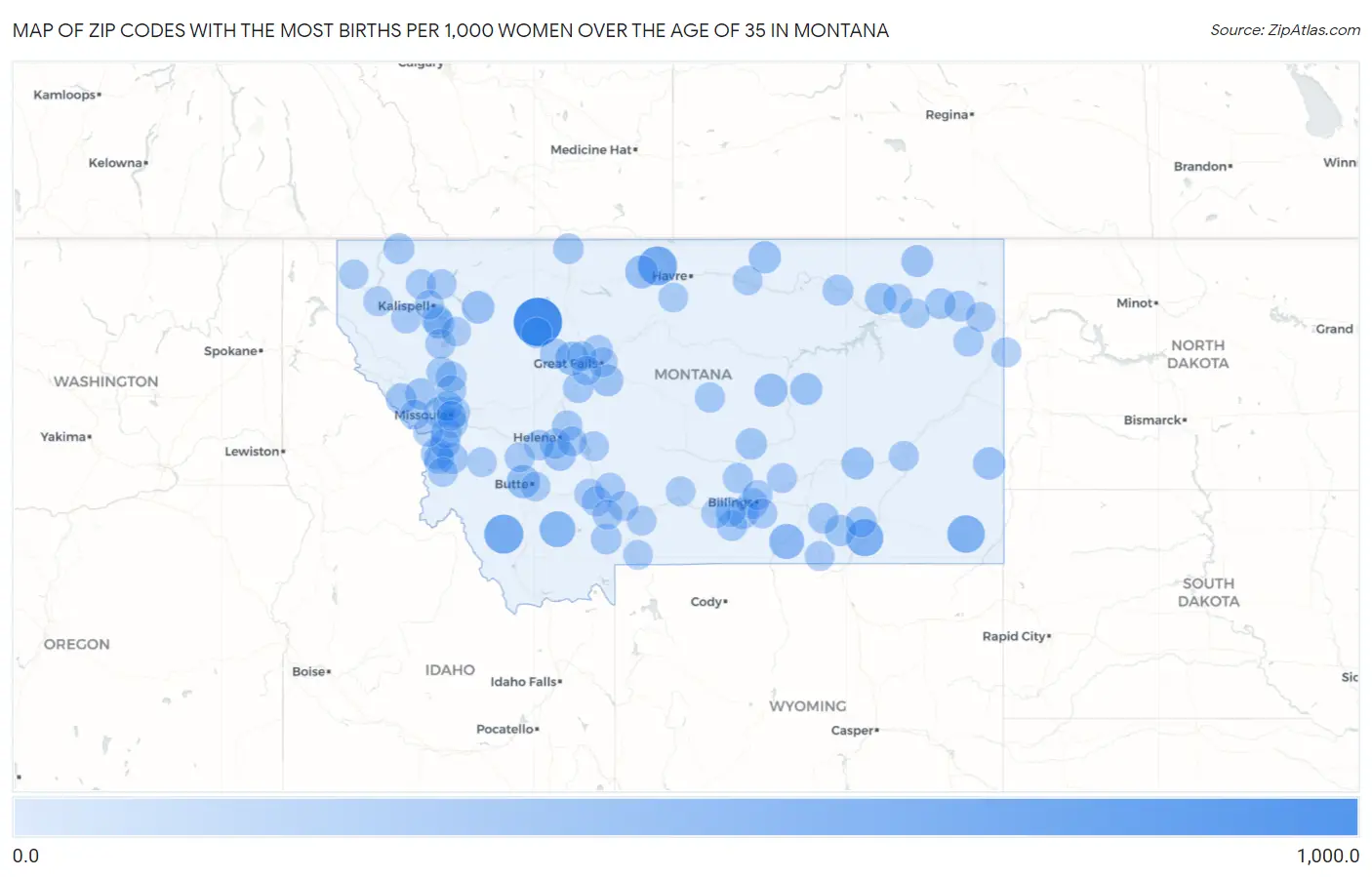 Zip Codes with the Most Births per 1,000 Women Over the Age of 35 in Montana Map