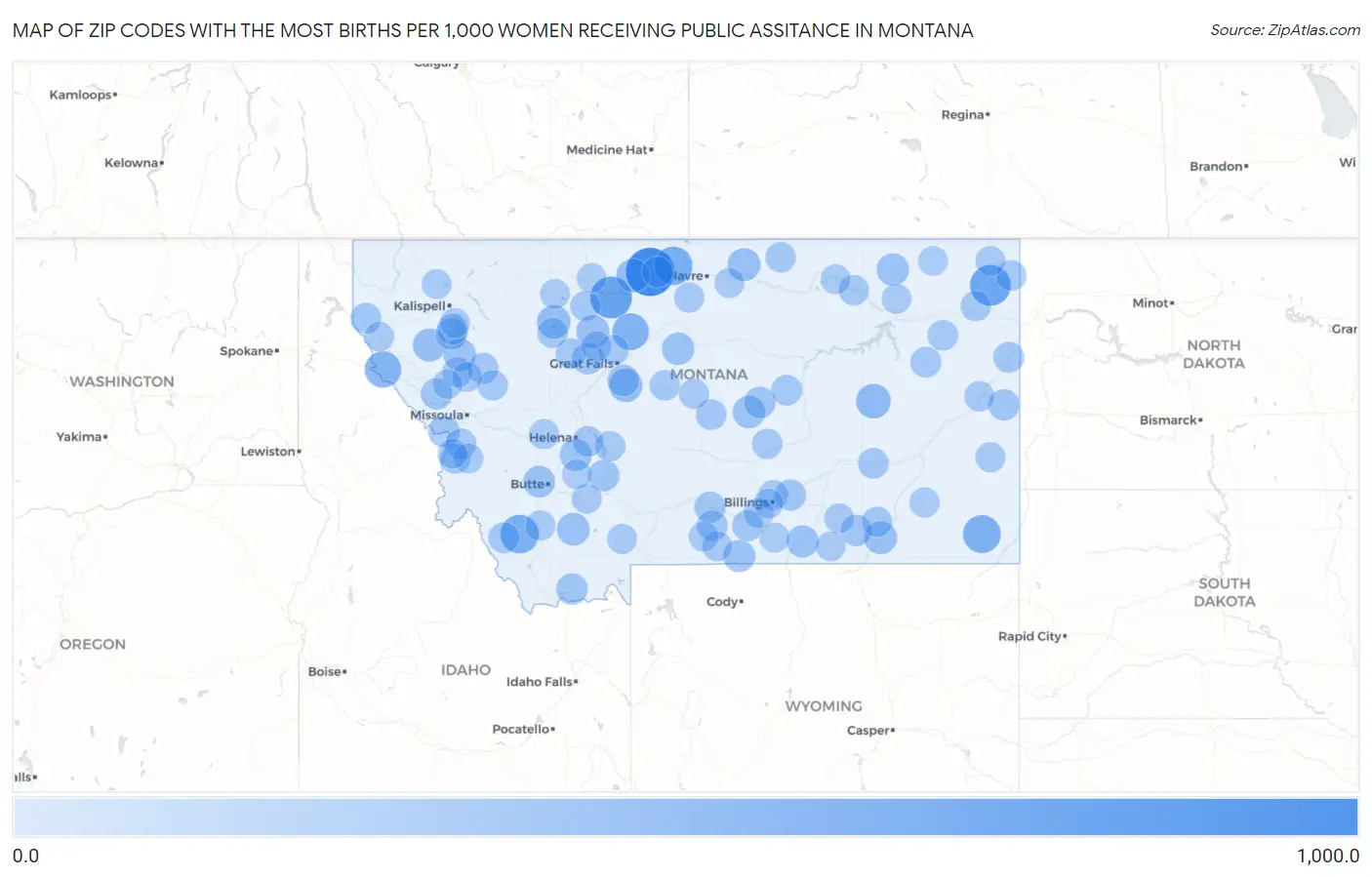 Zip Codes with the Most Births per 1,000 Women Receiving Public Assitance in Montana Map