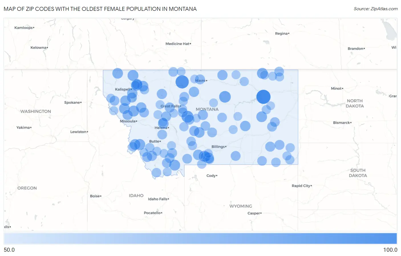 Zip Codes with the Oldest Female Population in Montana Map