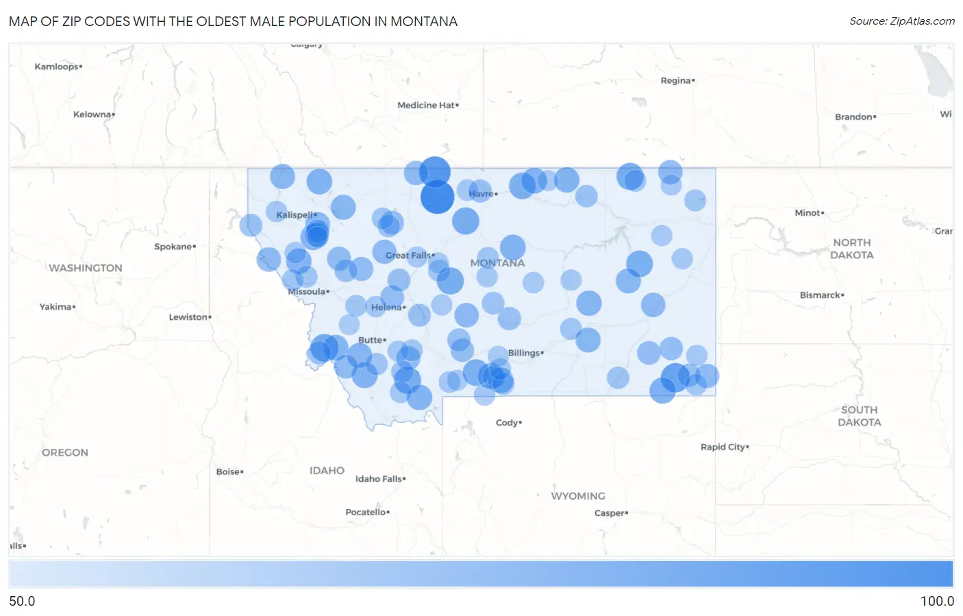 Zip Codes with the Oldest Male Population in Montana Map