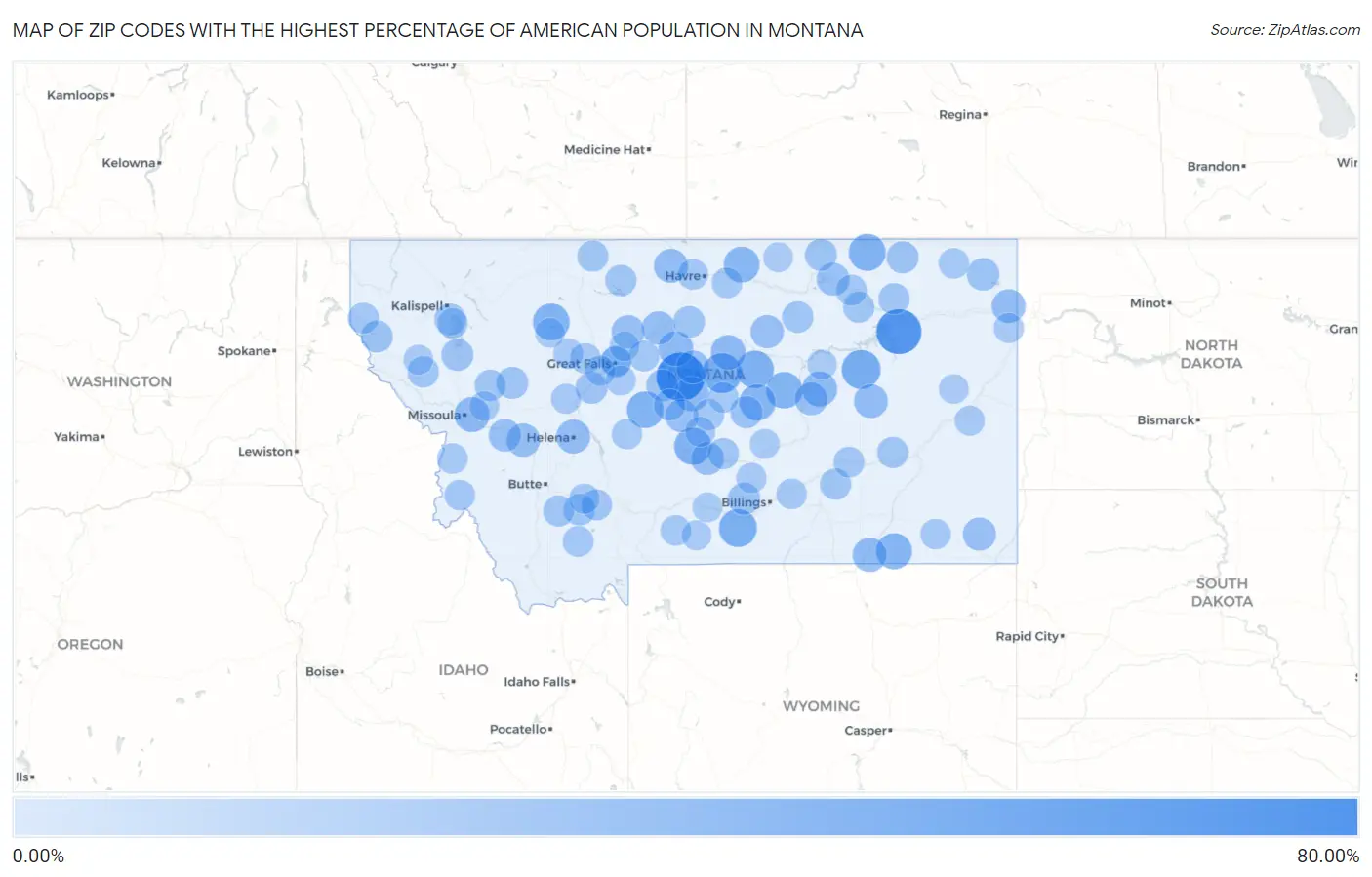 Zip Codes with the Highest Percentage of American Population in Montana Map