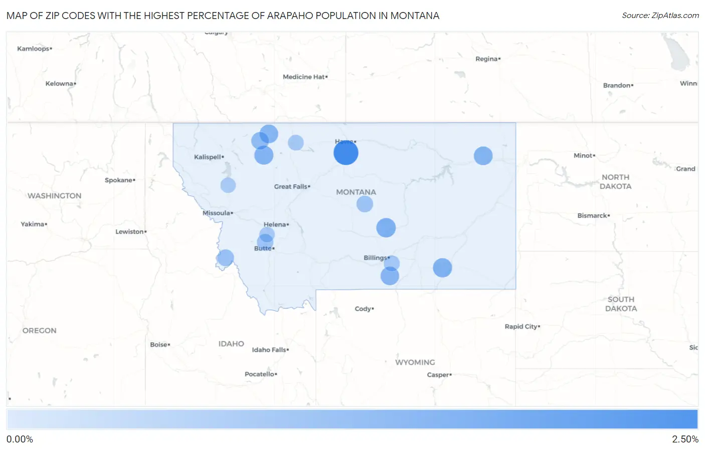 Zip Codes with the Highest Percentage of Arapaho Population in Montana Map