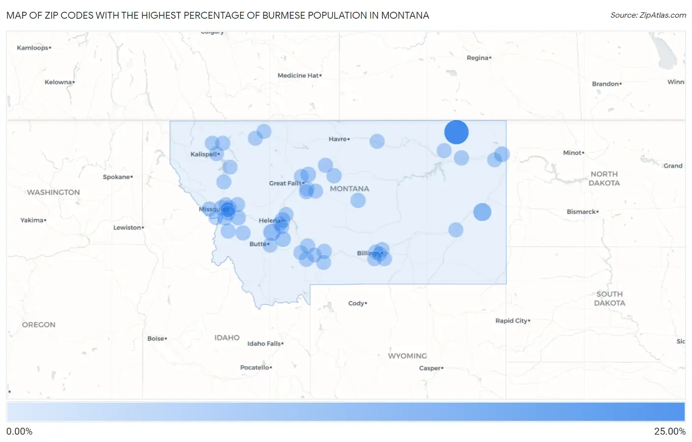 Zip Codes with the Highest Percentage of Burmese Population in Montana Map