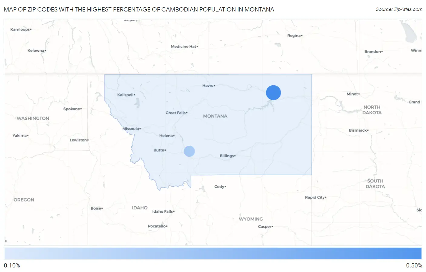 Zip Codes with the Highest Percentage of Cambodian Population in Montana Map