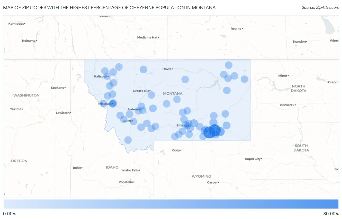 Zip Codes with the Highest Percentage of Cheyenne Population in Montana Map