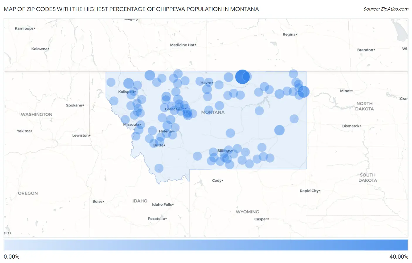 Zip Codes with the Highest Percentage of Chippewa Population in Montana Map